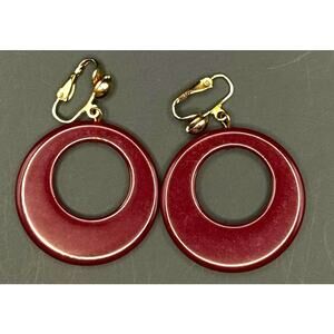 Vintage Dark Red Burgundy Bakelite Circle Dangle Clip-on Earrings